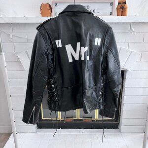 Custom 1 of 1 Design "MR." Hand Painted Logo Back Leather Belt Moto Biker Jacket
